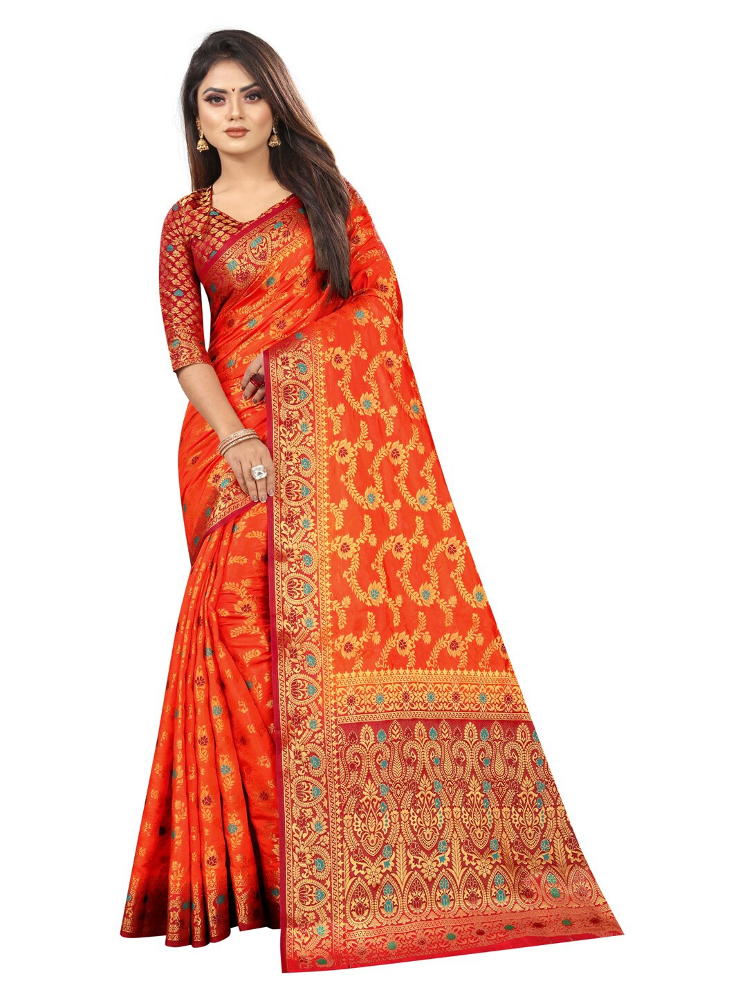 

PERFECT WEAR Rust Maroon & Gold-Toned Floral Silk Cotton Banarasi Saree