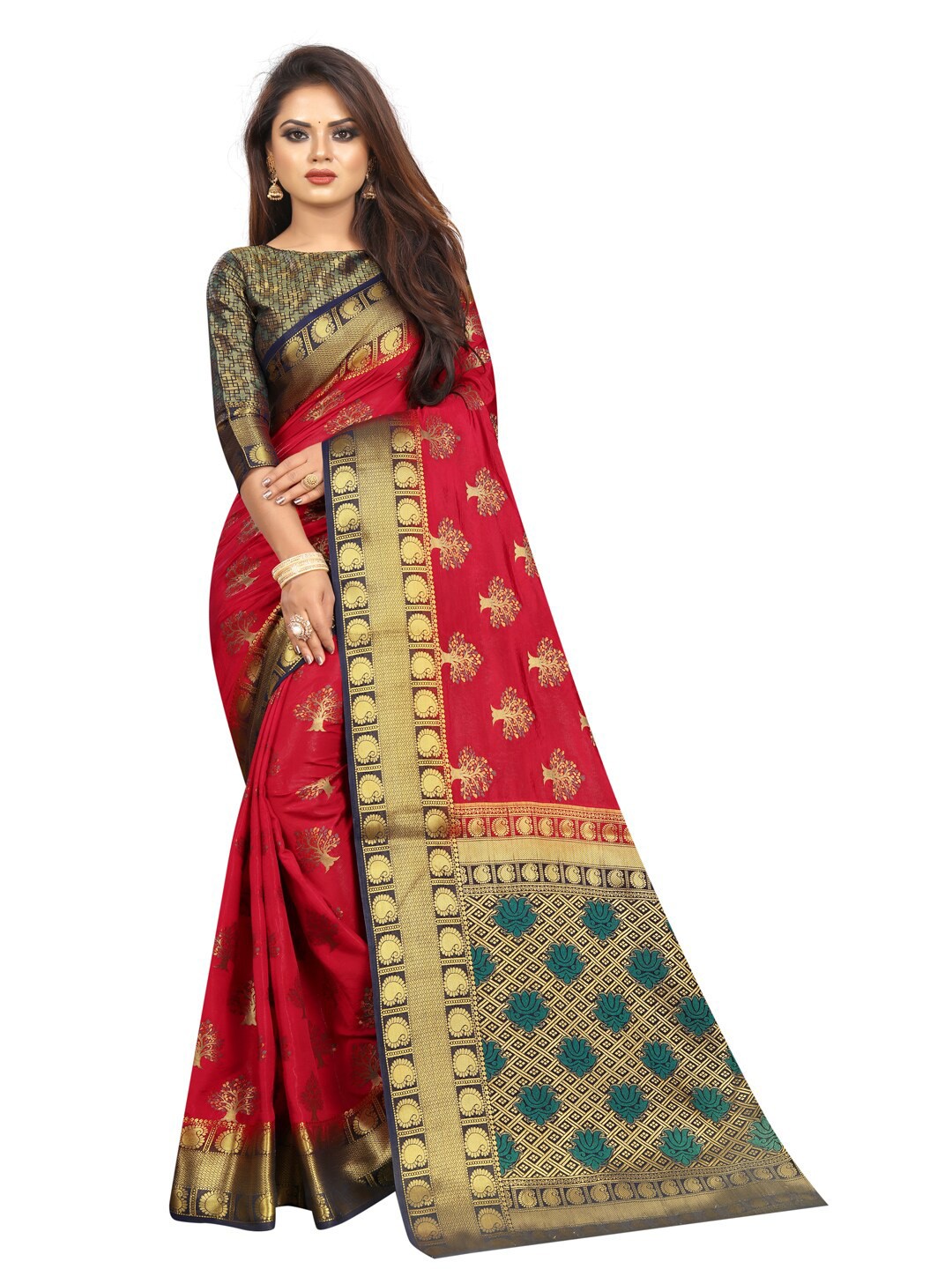 

PERFECT WEAR Red & Navy Blue Woven Design Zari Silk Cotton Banarasi Saree