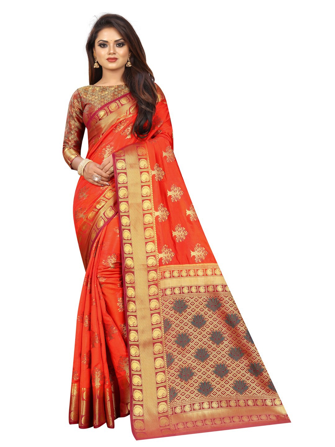 

PERFECT WEAR Orange & Gold-Toned Ethnic Motifs Zari Silk Cotton Banarasi Saree