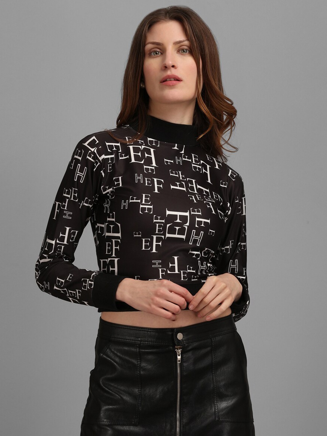 

PURVAJA Black Typography Print High Neck Crop Top