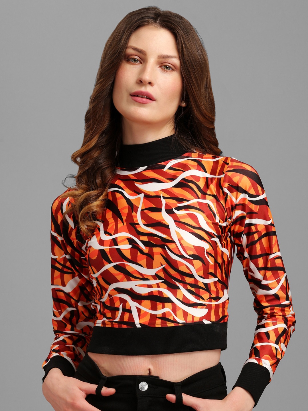 

PURVAJA Orange Animal Print High Neck Crop Top