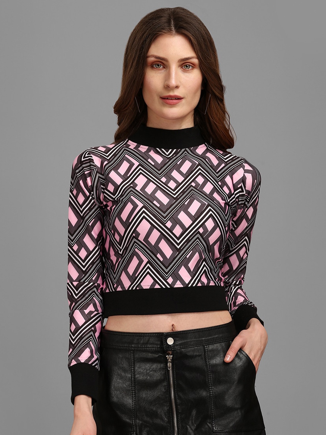 

PURVAJA Purple Geometric Print High Neck Blouson Crop Top