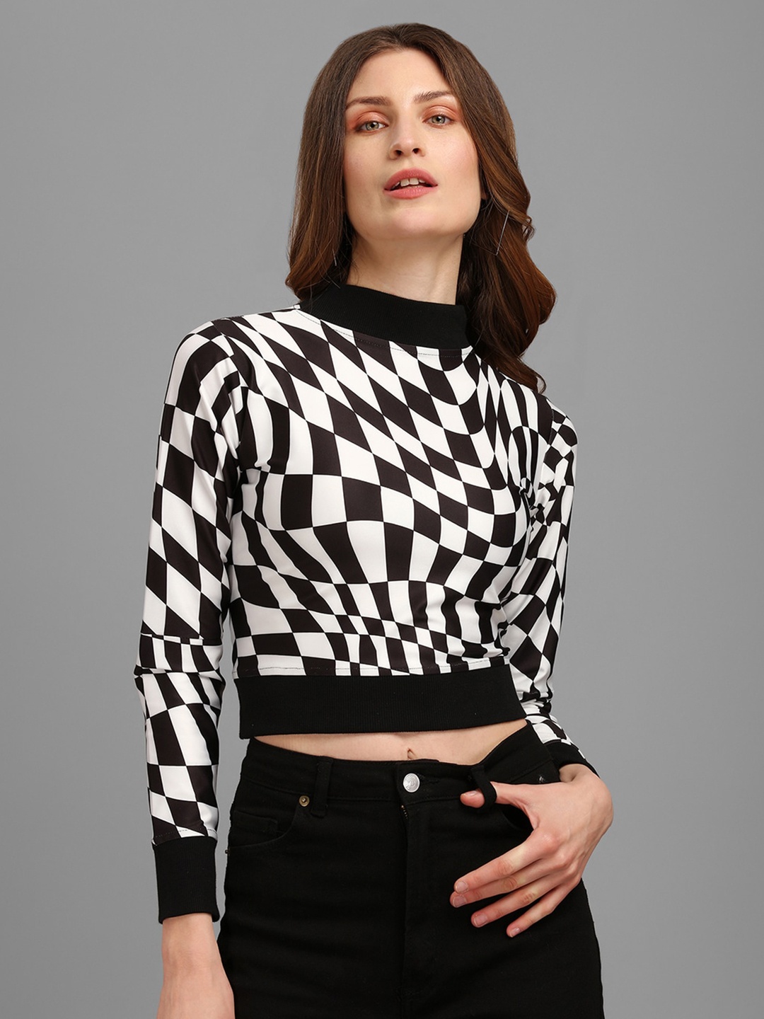 

PURVAJA Black Checks Print High neck Crop Top