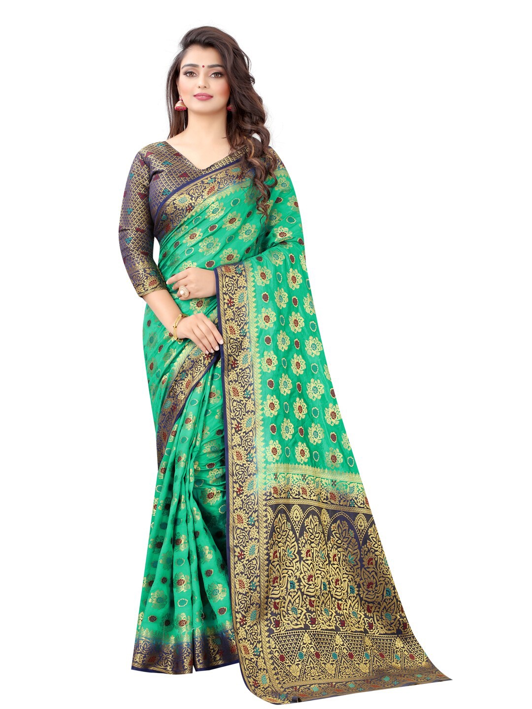 

PERFECT WEAR Teal & Navy Blue Floral Zari Silk Cotton Banarasi Saree