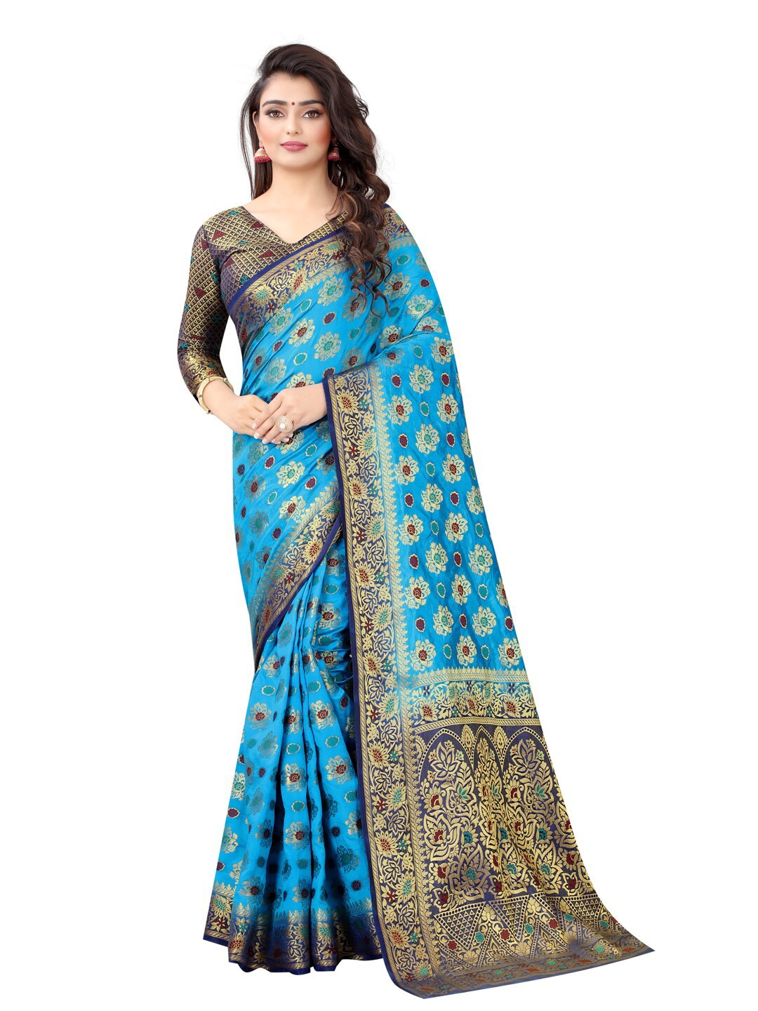 

PERFECT WEAR Blue & Gold-Toned Woven Design Zari Silk Cotton Banarasi Saree