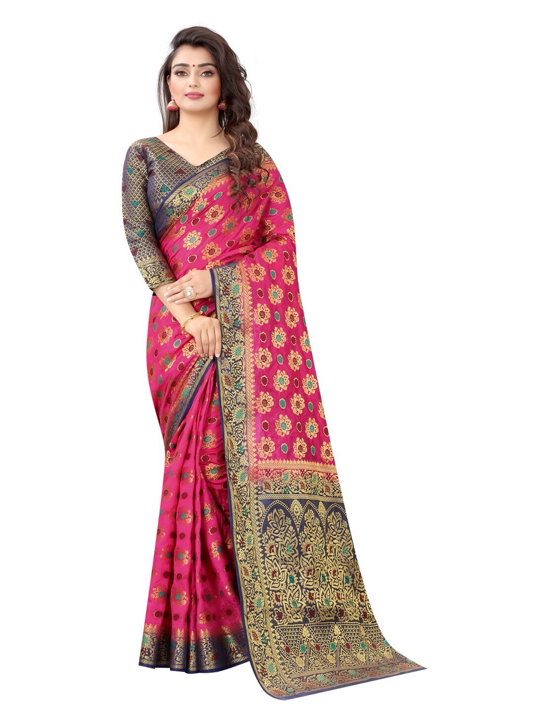 

PERFECT WEAR Fuchsia & Navy Blue Floral Zari Silk Cotton Banarasi Saree