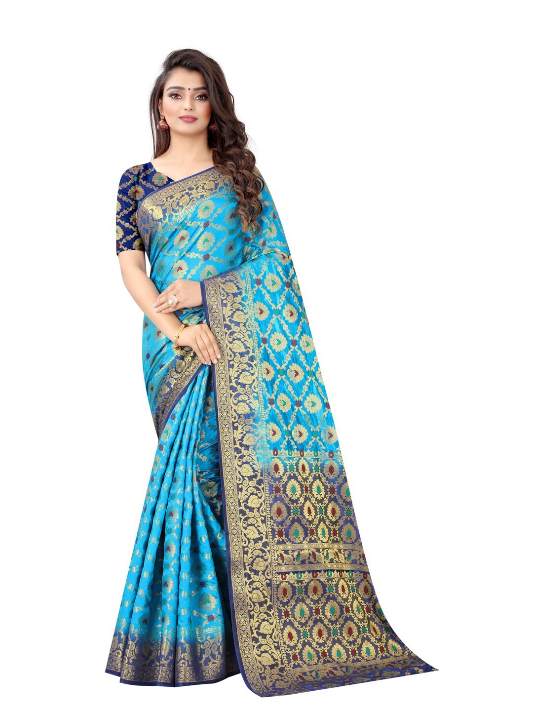 

PERFECT WEAR Blue & Gold-Toned Woven Design Zari Silk Cotton Banarasi Saree