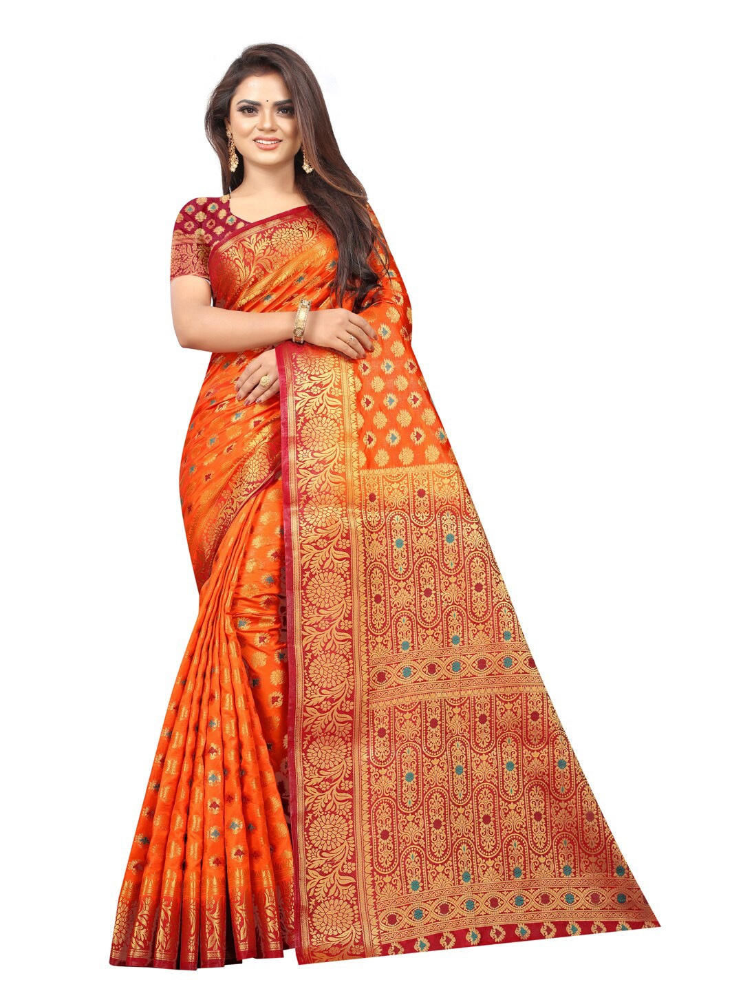 

PERFECT WEAR Rust & Maroon Ethnic Motifs Zari Silk Cotton Banarasi Saree