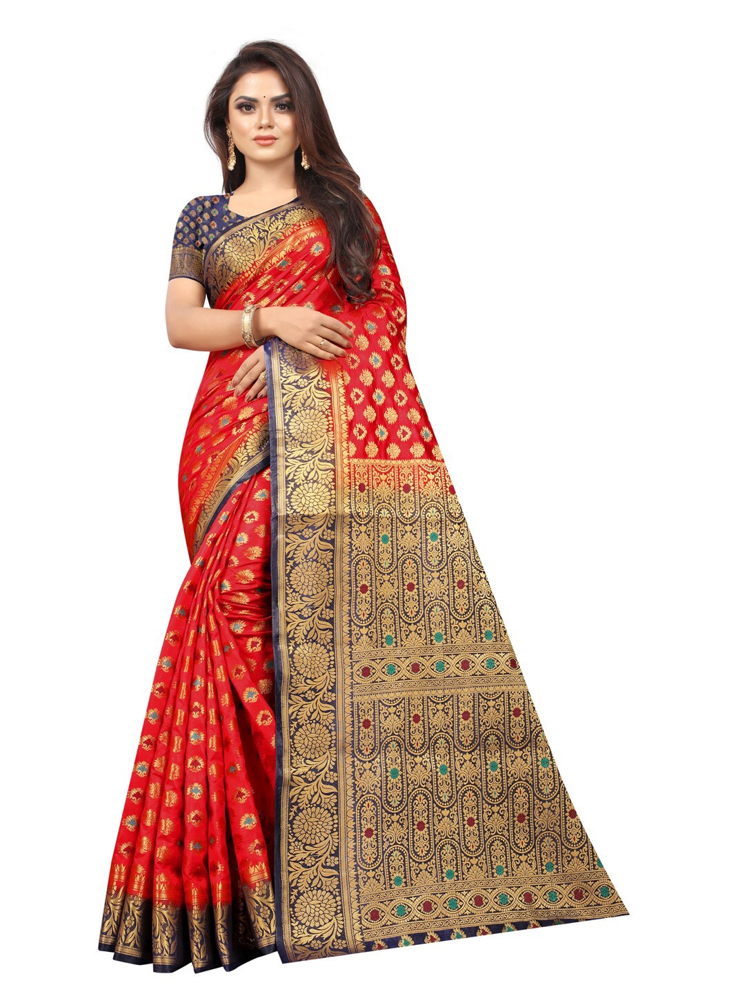 

PERFECT WEAR Navy Blue & Red Woven Design Banarasi Saree