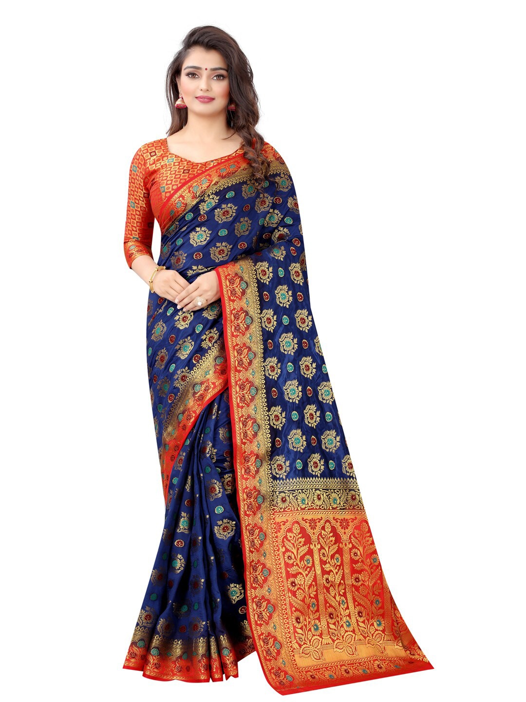 

PERFECT WEAR Navy Blue & Red Woven Design Zari Silk Cotton Banarasi Saree