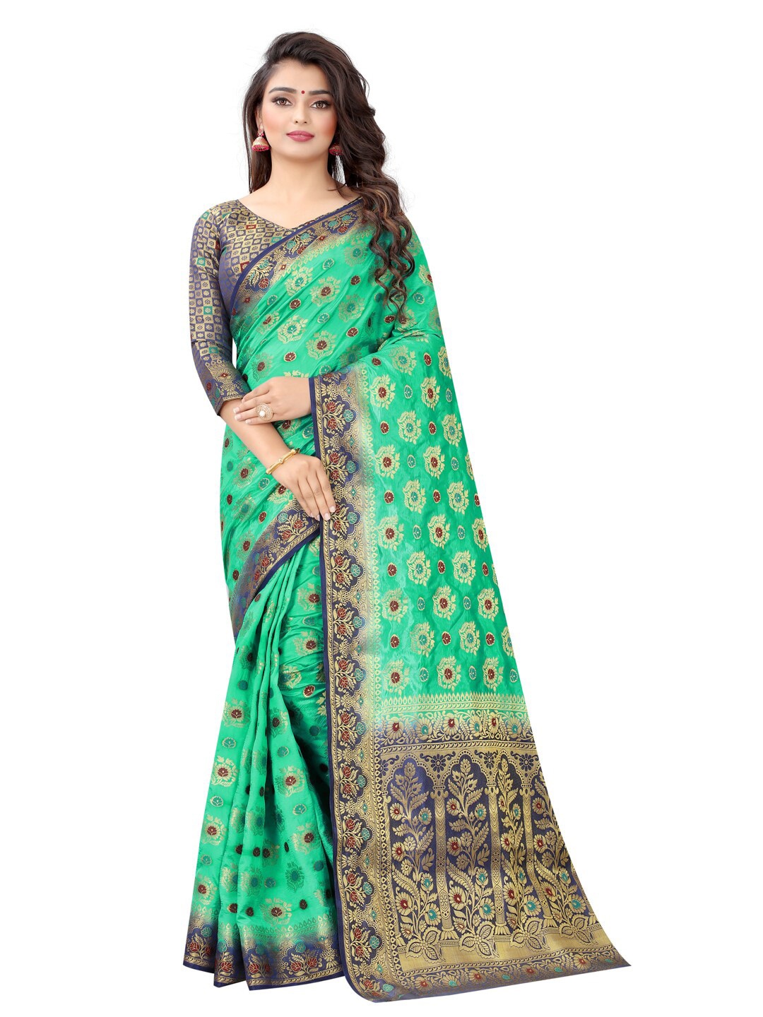 

PERFECT WEAR Green & Navy Blue Woven Design Zari Silk Cotton Banarasi Saree