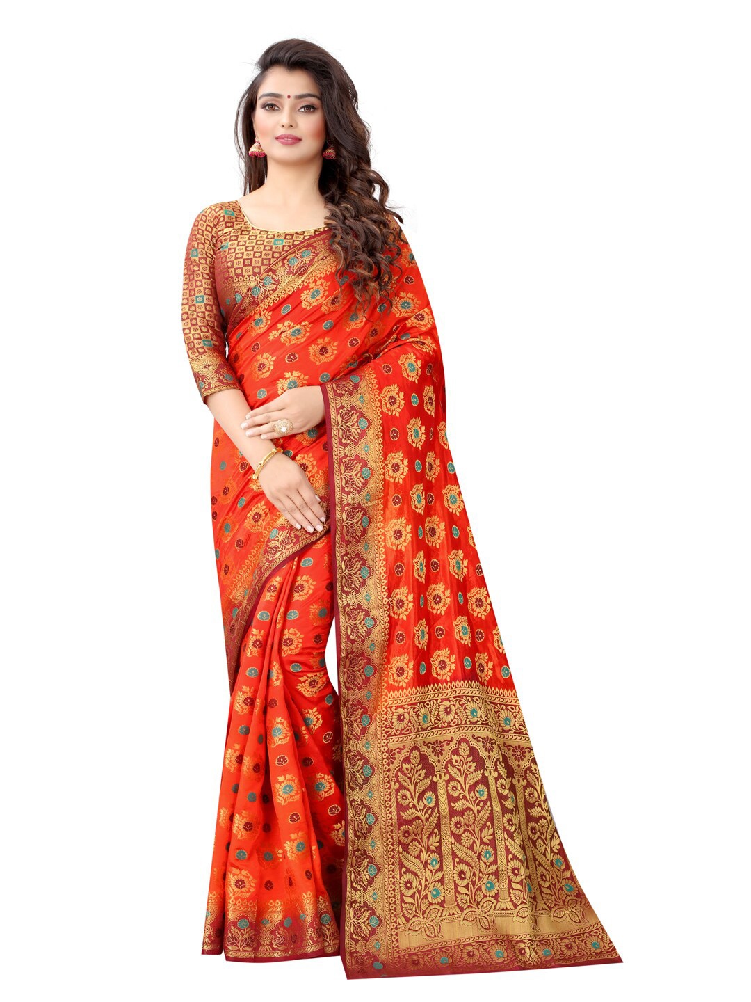

PERFECT WEAR Orange & Gold-Toned Ethnic Motifs Zari Banarasi Saree