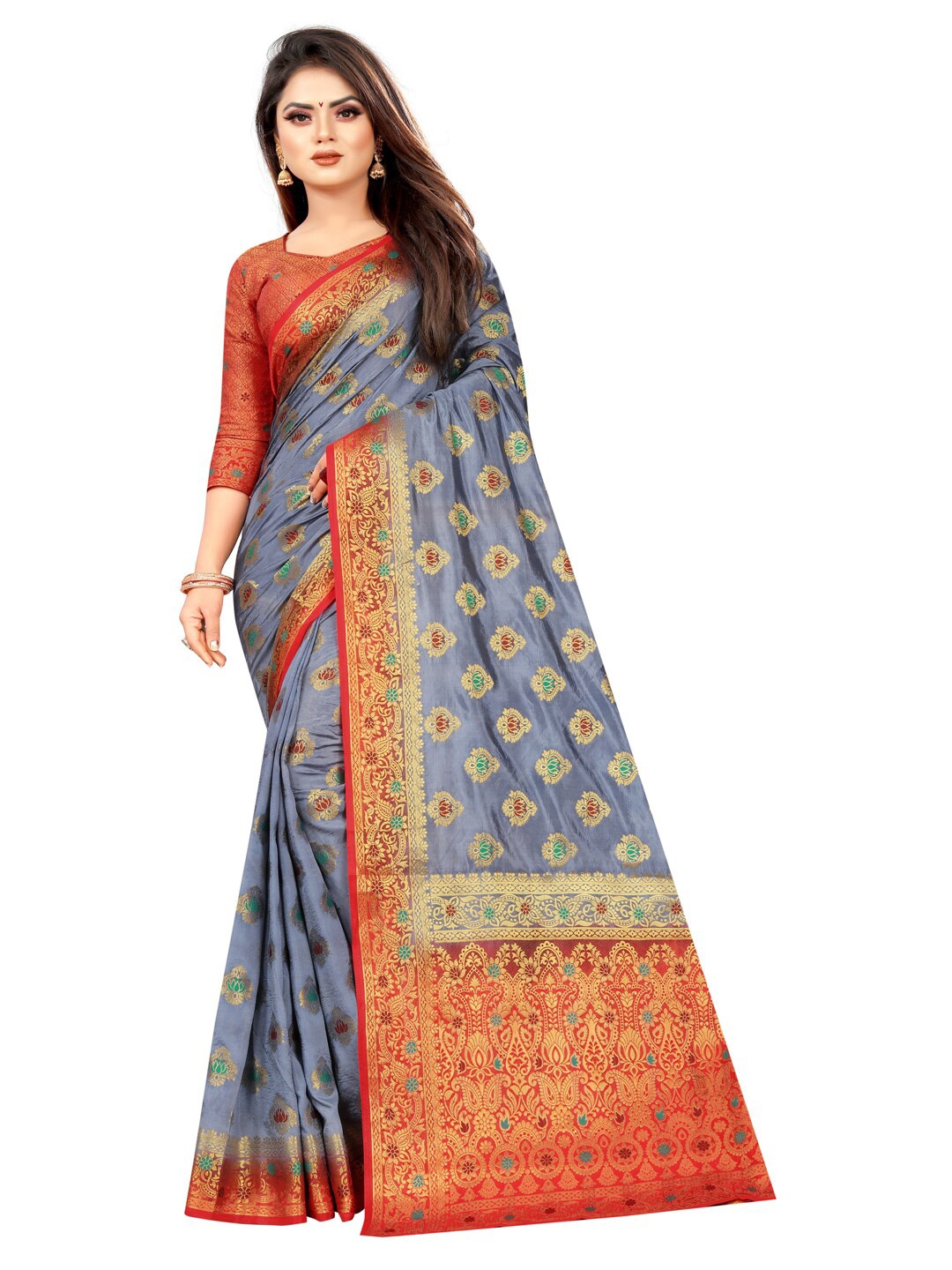 

PERFECT WEAR Grey & Orange Ethnic Motifs Zari Banarasi Saree