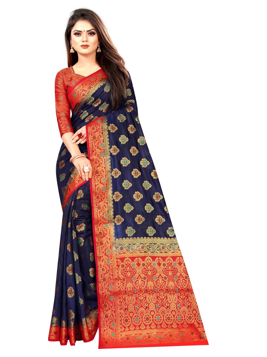 

PERFECT WEAR Blue & Red Woven Design Zari Silk Cotton Banarasi Saree