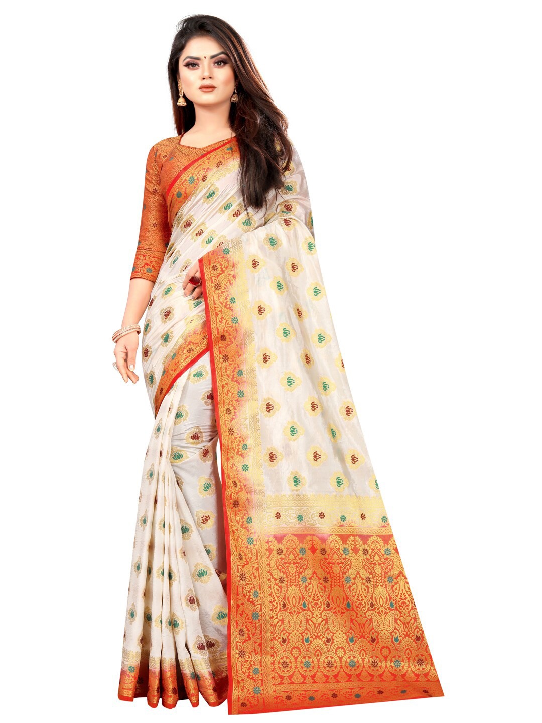

PERFECT WEAR Off White & Red Ethnic Motifs Zari Silk Cotton Banarasi Saree