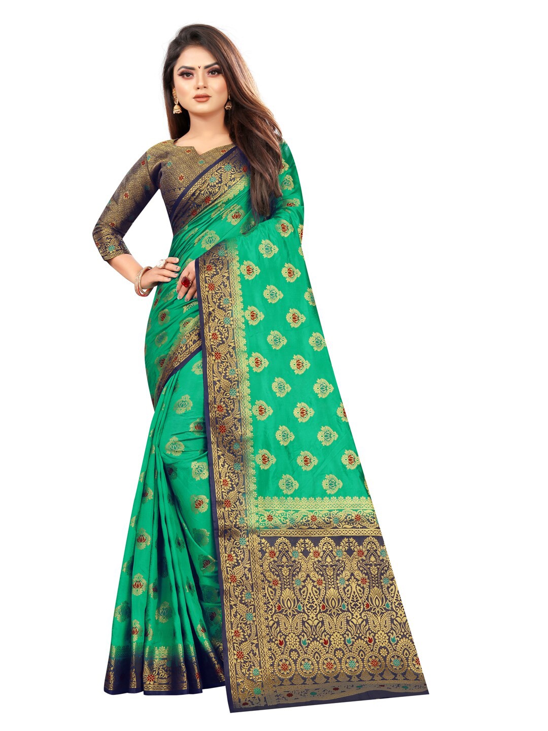 

PERFECT WEAR Green & Gold-Toned Woven Design Zari Silk Cotton Banarasi Saree