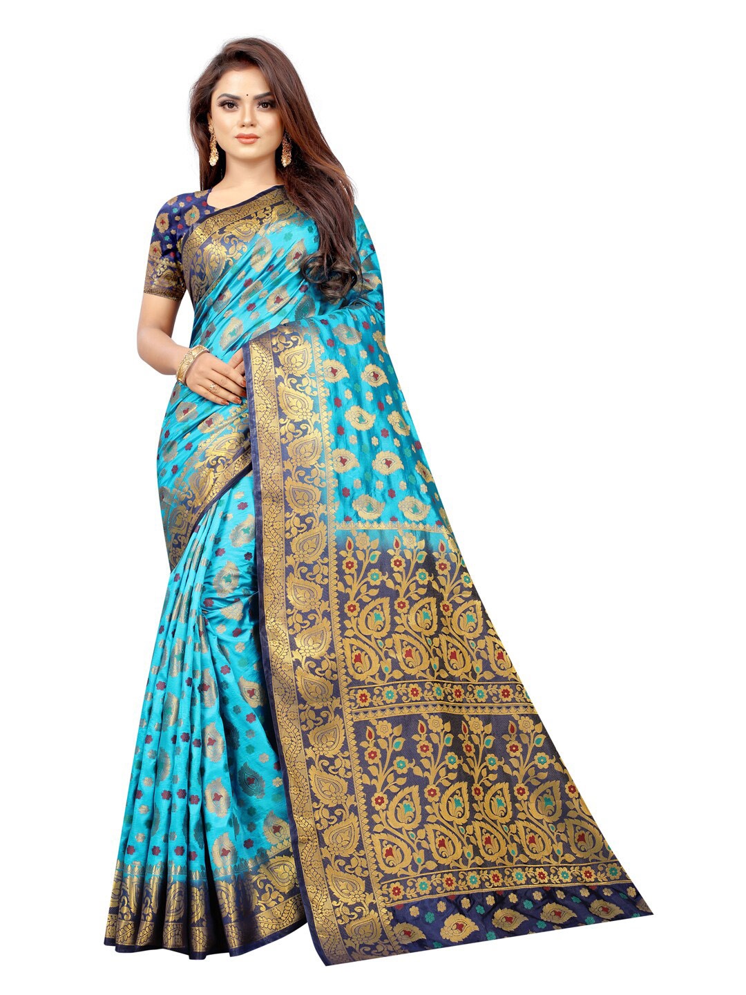 

PERFECT WEAR Turquoise Blue & Gold-Toned Ethnic Motifs Zari Silk Cotton Banarasi Saree