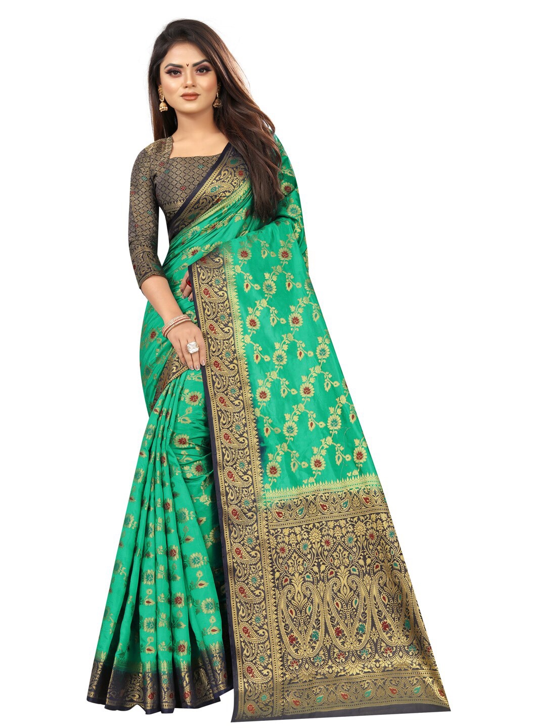 

PERFECT WEAR Green & Navy Blue Ethnic Motifs Zari Silk Cotton Banarasi Saree