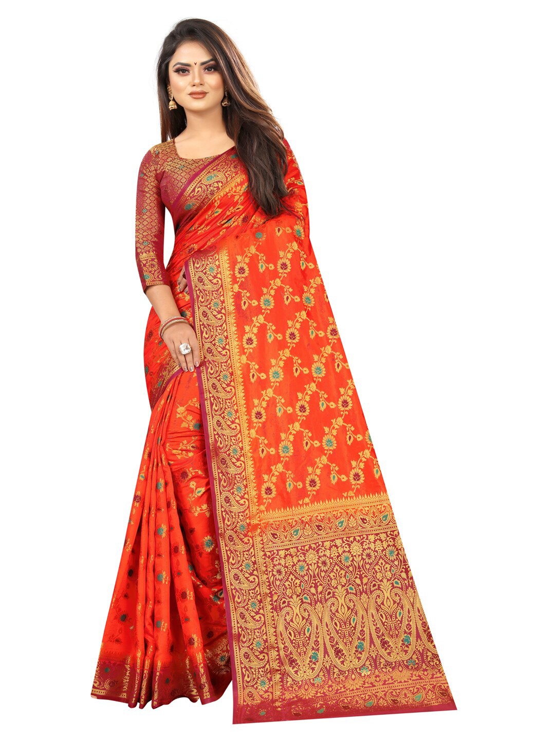 

PERFECT WEAR Rust & Maroon Floral Silk Cotton Saree