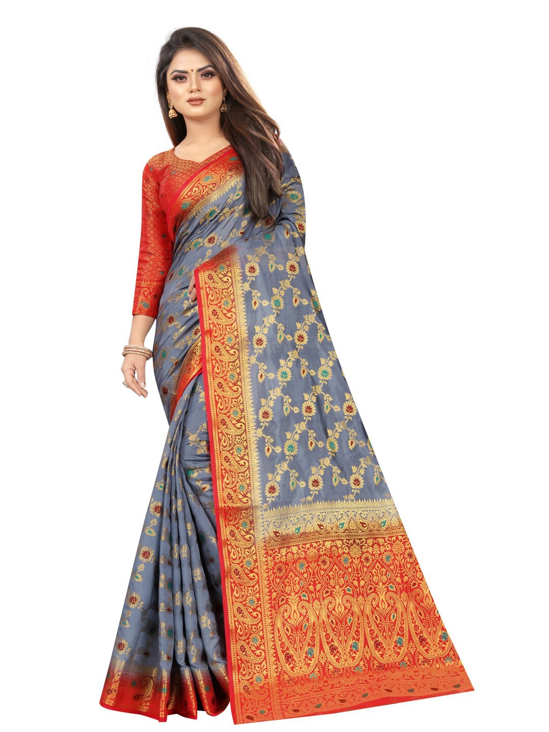 

PERFECT WEAR Grey & Golden Ethnic Motifs Silk Cotton Banarasi Saree