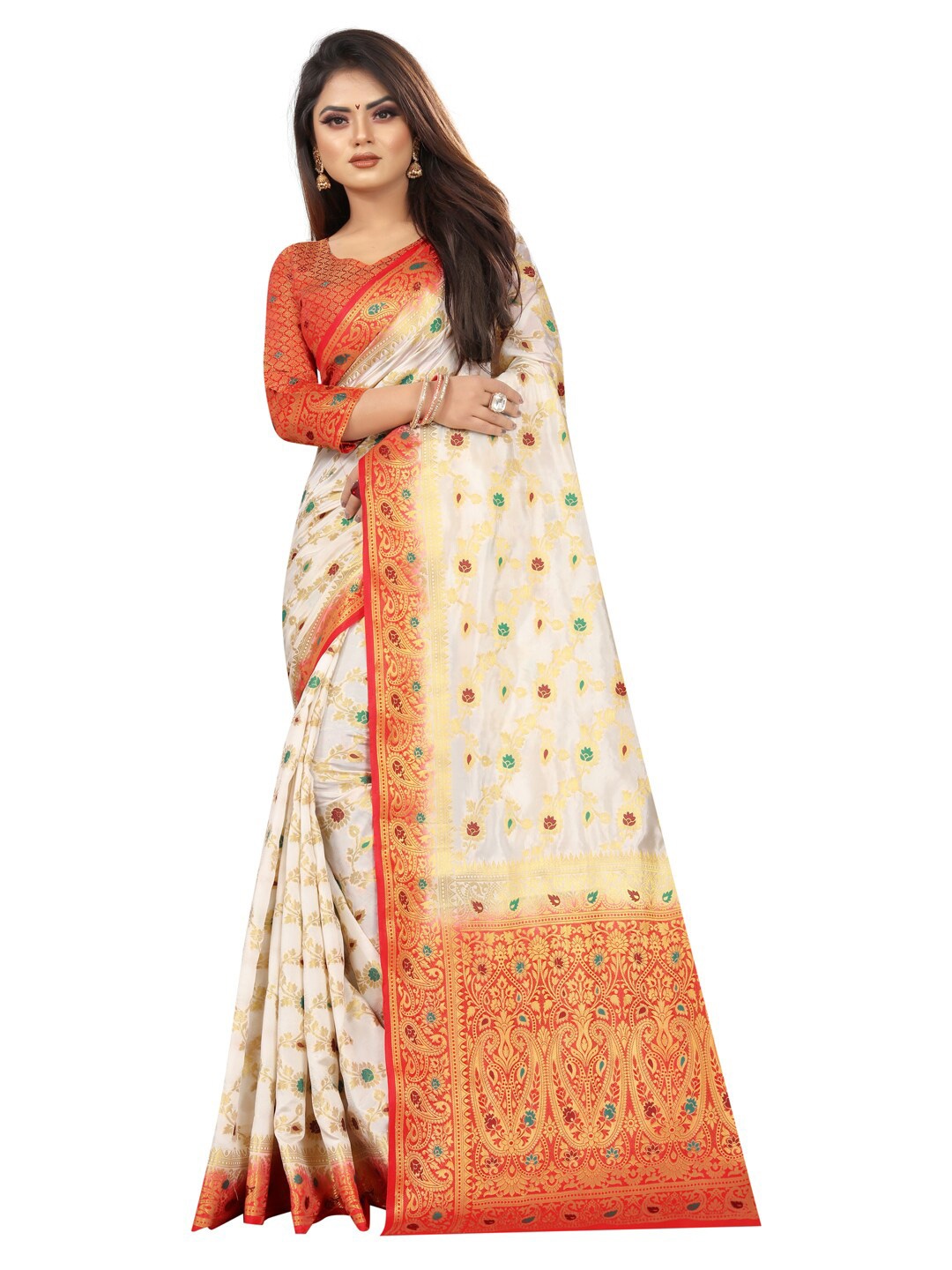 

PERFECT WEAR White & Red Ethnic Motifs Zari Banarasi Saree