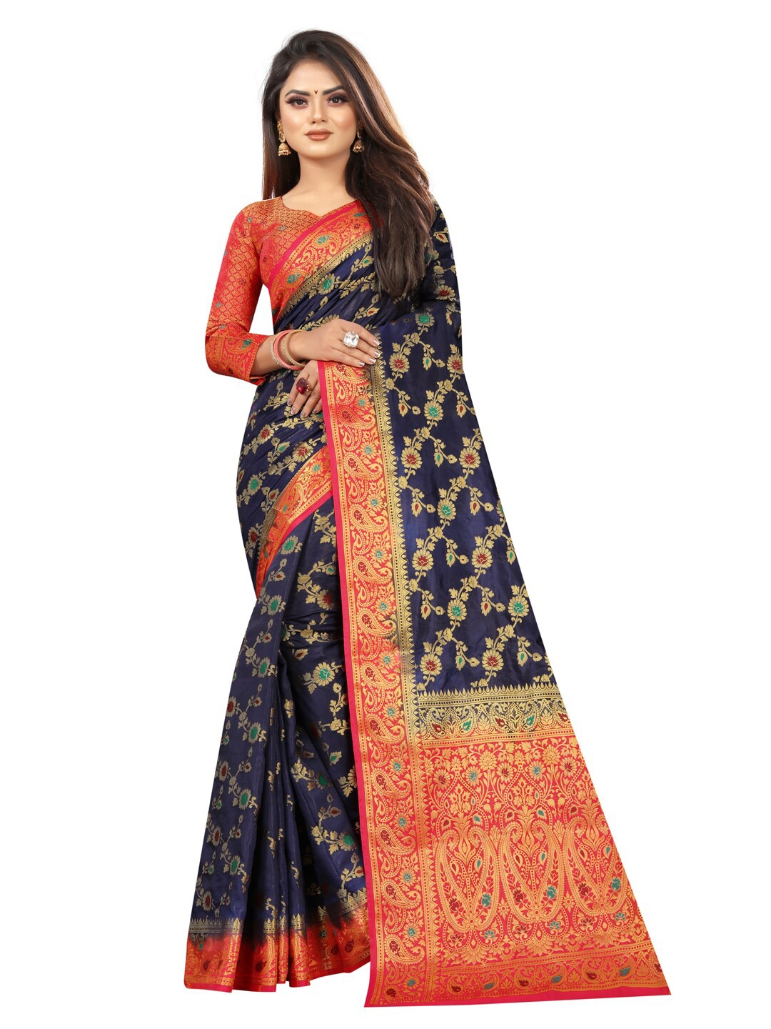 

PERFECT WEAR Blue & Red Ethnic Motifs Zari Silk Cotton Banarasi Saree