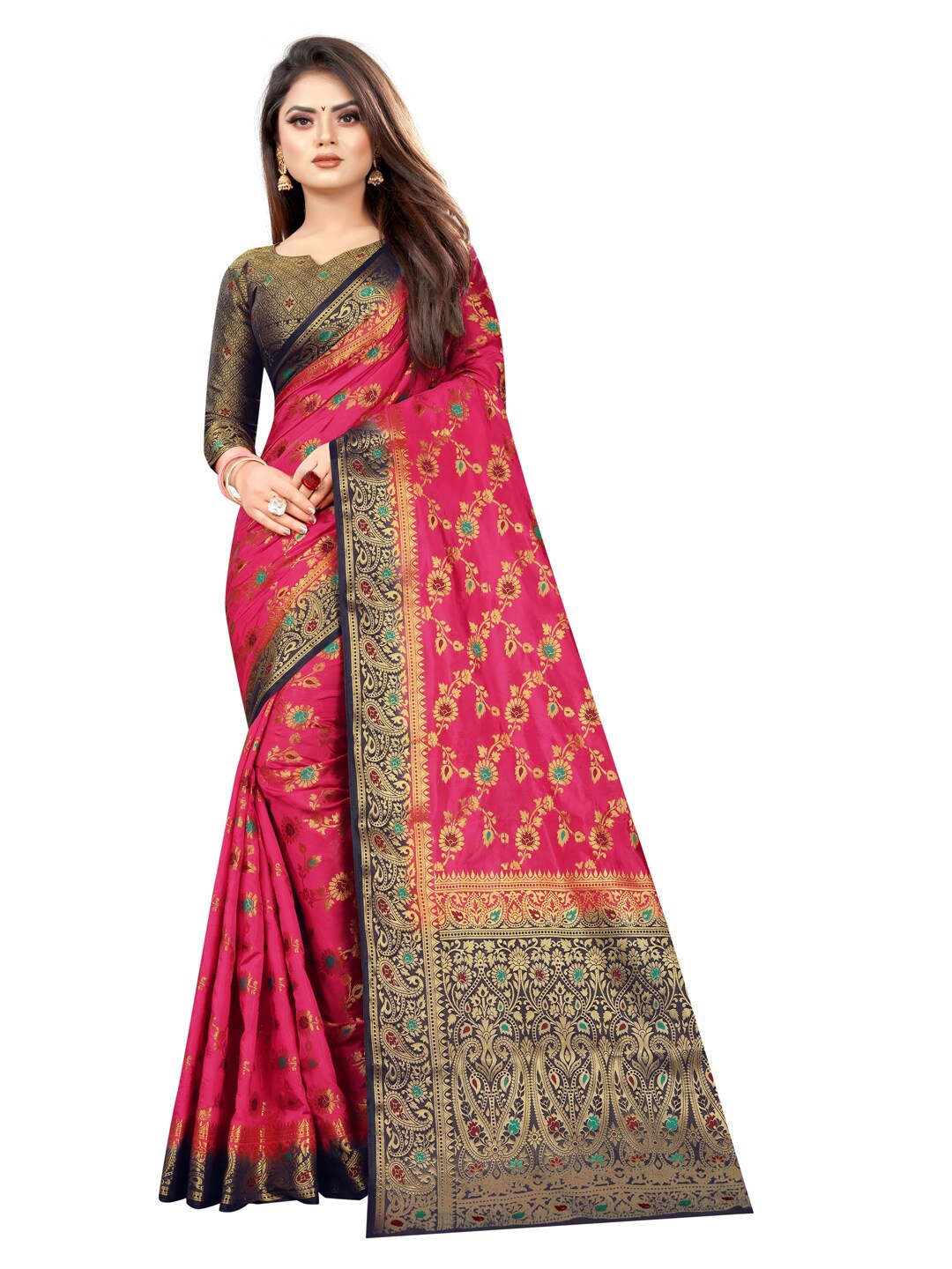 

PERFECT WEAR Pink & Navy Blue Woven Design Zari Silk Cotton Banarasi Saree