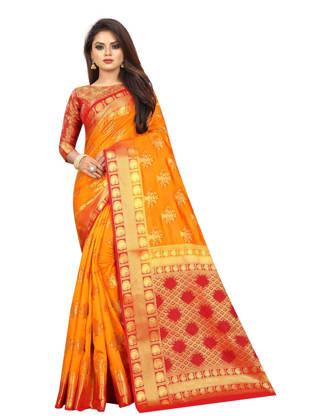 

PERFECT WEAR Yellow & Red Ethnic Motifs Zari Silk Cotton Banarasi Saree