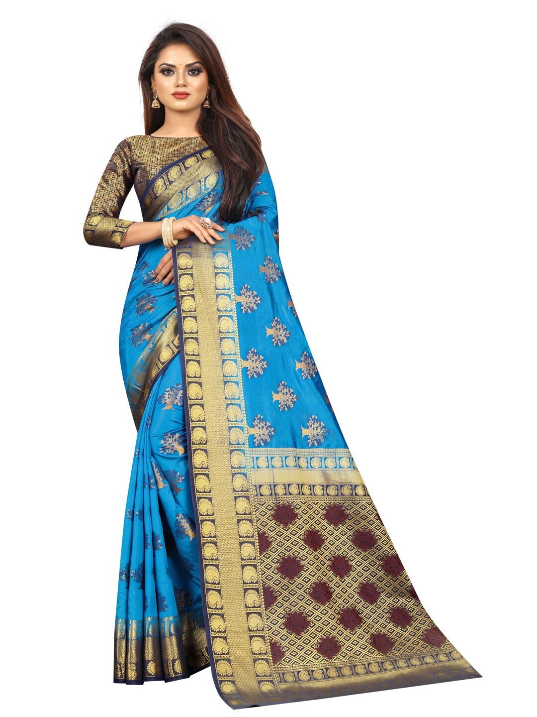 

PERFECT WEAR Turquoise Blue & Gold-Toned Ethnic Motifs Silk Cotton Banarasi Saree
