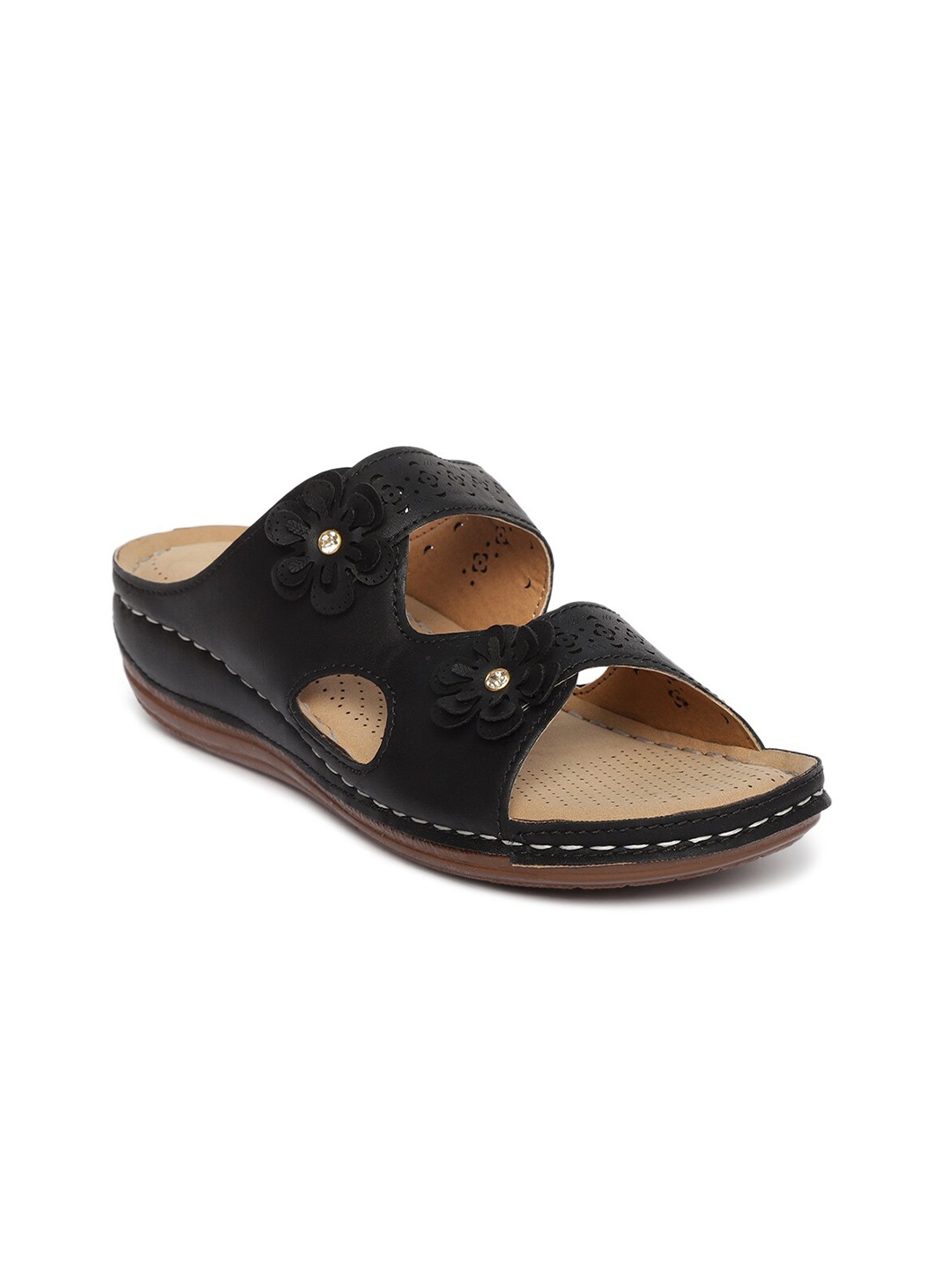 

EVERLY Black Open Toe Flats with Laser Cuts
