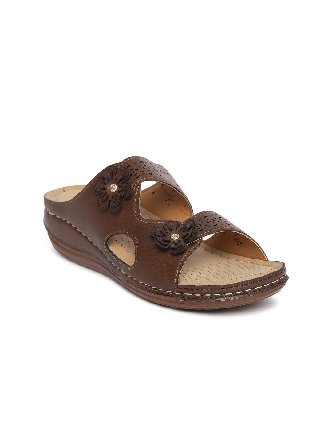 

EVERLY Brown Open Toe Flats with Laser Cuts