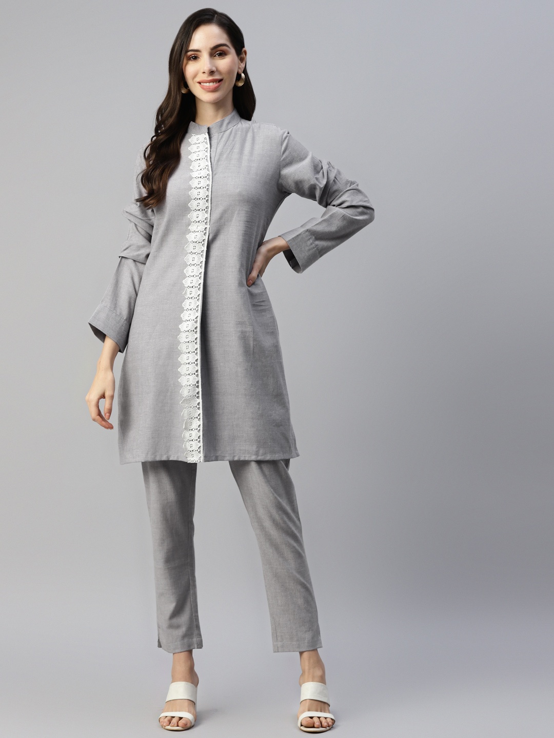 

FABNEST Women Grey Pure Cotton Kurta with Trousers