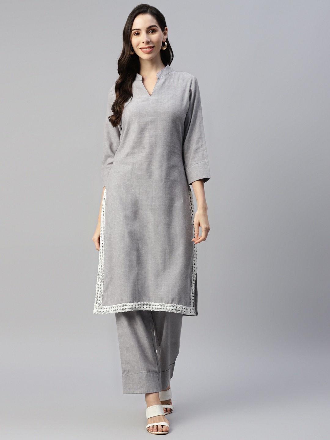 

FABNEST Women Grey Pure Cotton Kurta with Trousers