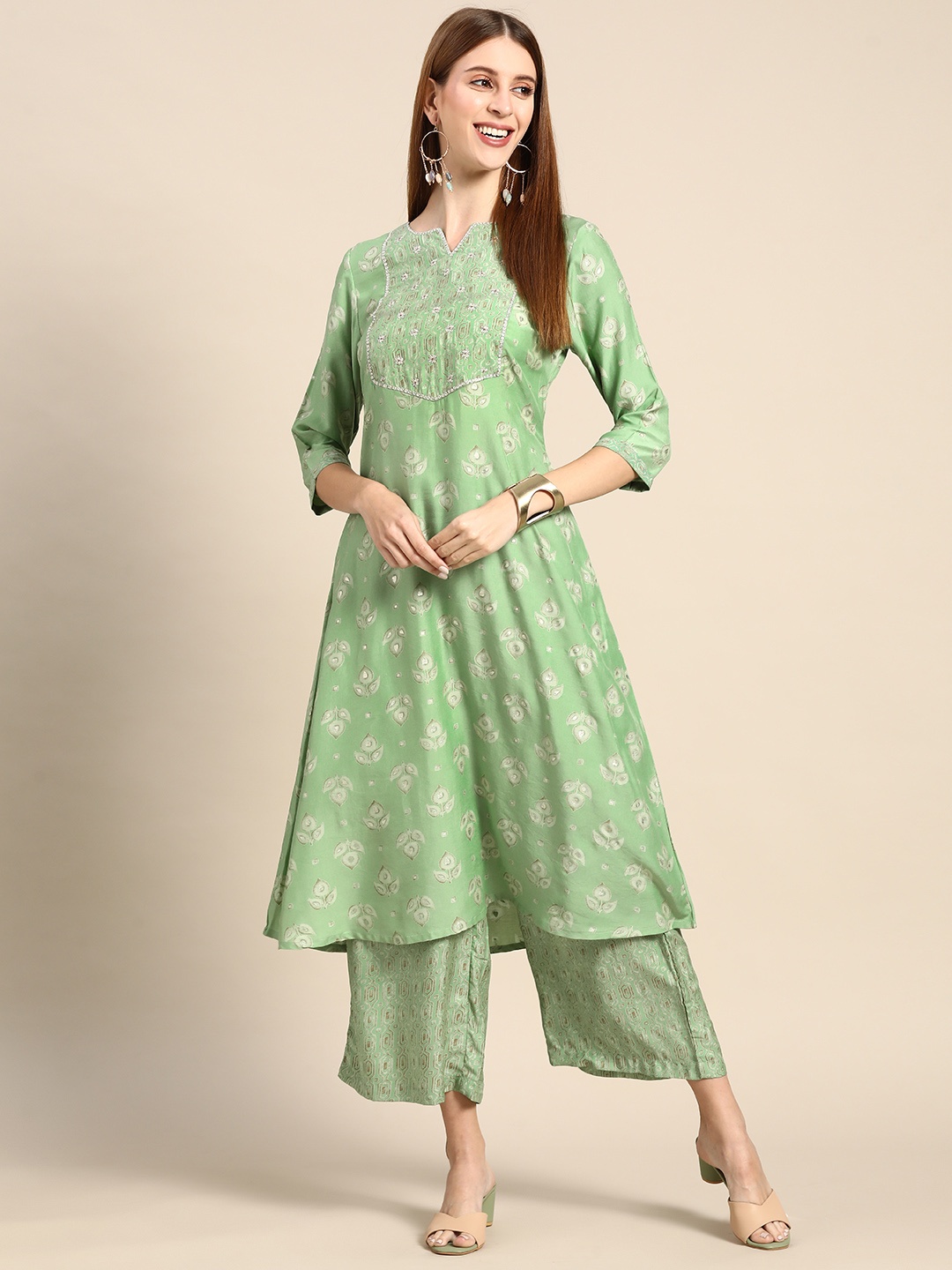 

Anouk Women Green Ethnic Motifs Printed Embroidered Detail Pure Cotton Kurta with Palazzos