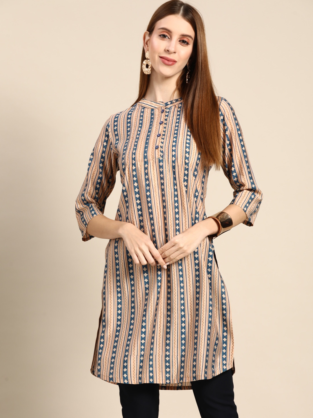 

Anouk Women Beige & Blue Ethnic Motifs Printed Kurta