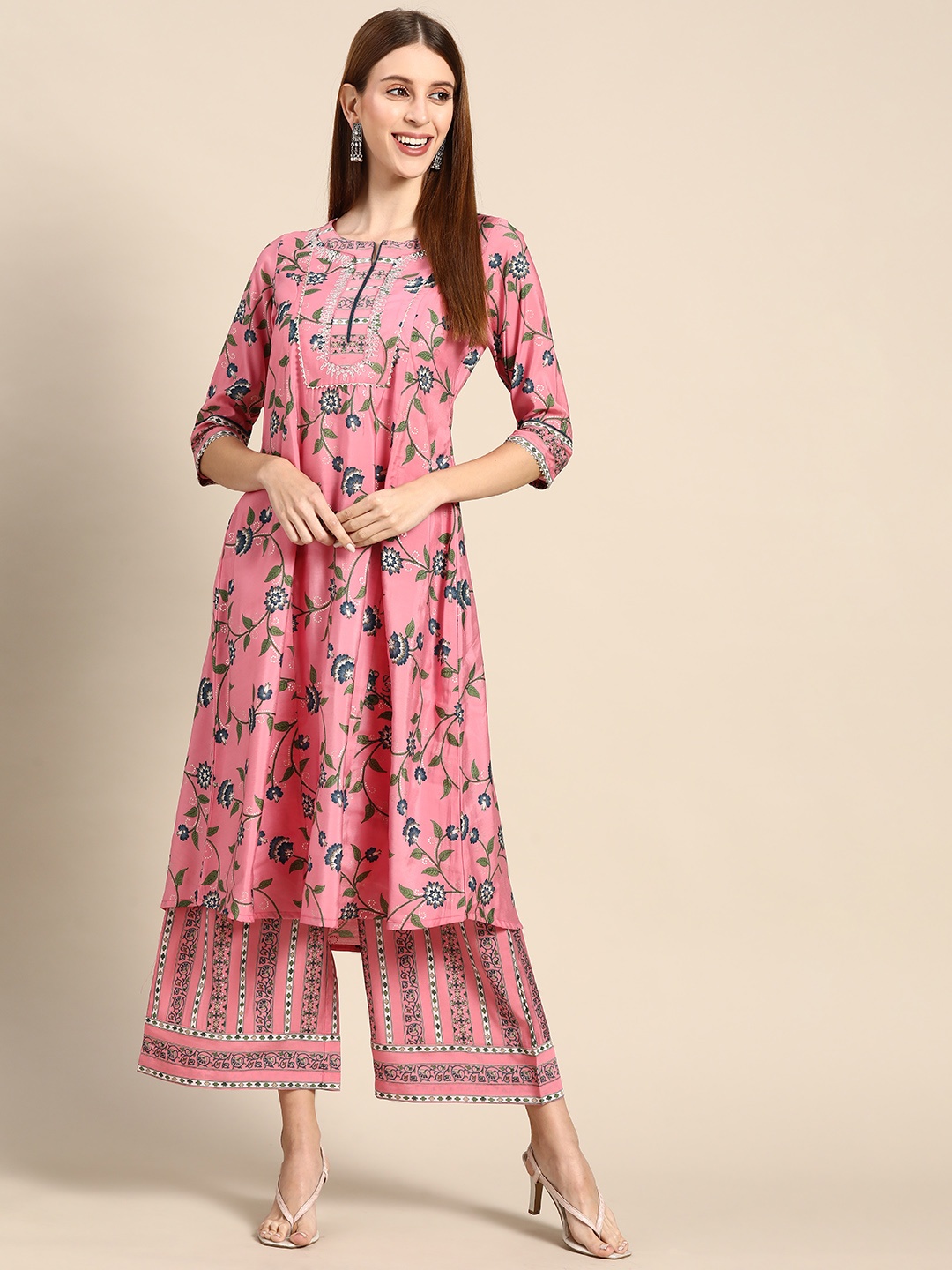 

Anouk Women Pink Ethnic Motifs Printed Gotta Patti Pure Cotton Kurta with Palazzos