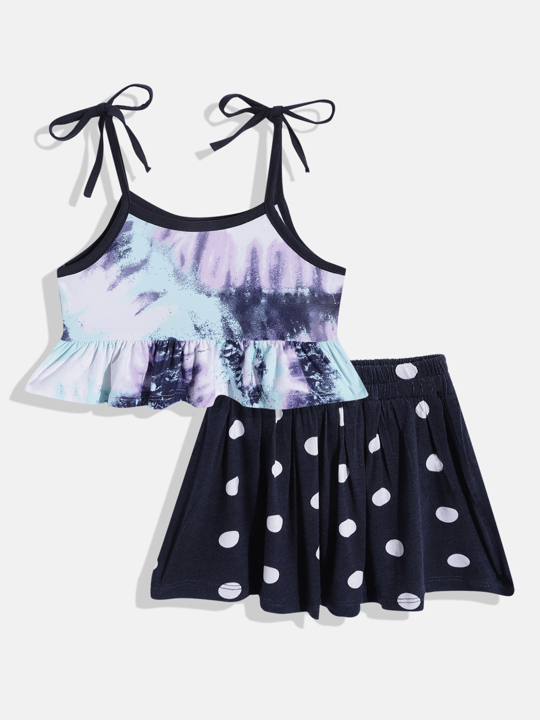 

CrayonFlakes Girls White & Navy Blue Tie & Dye Top with Skirt