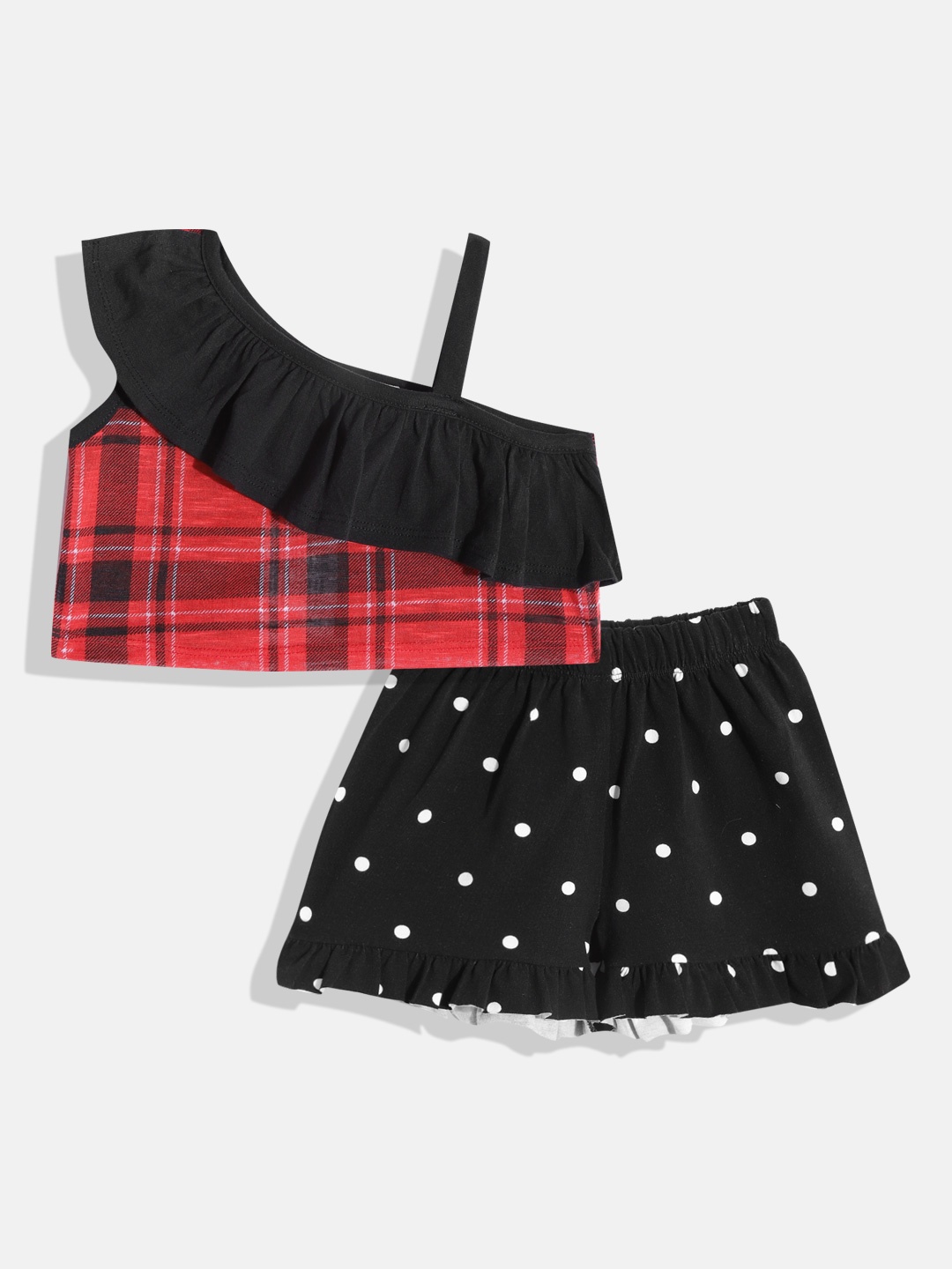

CrayonFlakes Girls Red & Black Checked Top & Shorts Set