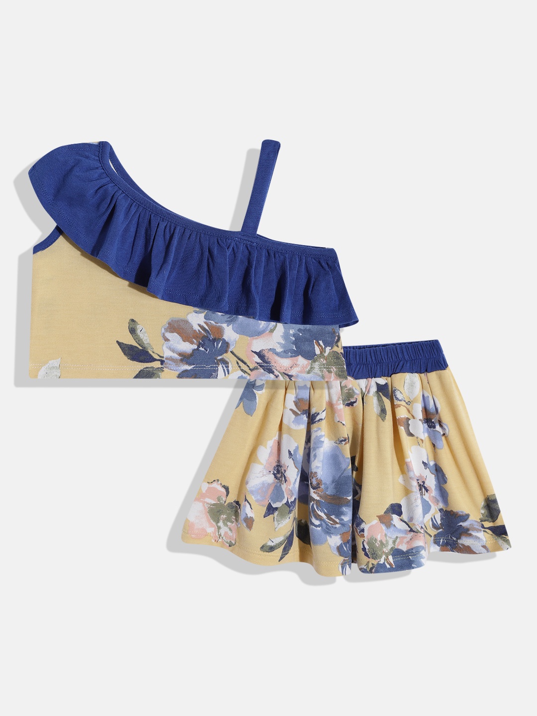 

CrayonFlakes Girls Beige & Navy Blue Floral Printed Top with Skirt