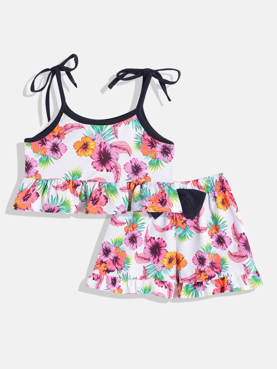 

CrayonFlakes Girls White & Pink Floral Printed Top with Shorts