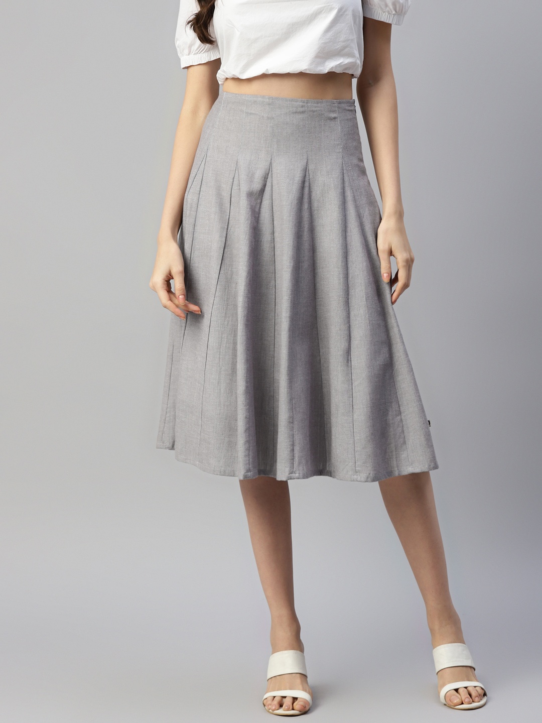 

FABNEST Women Grey Solid Cotton Midi Flared Skirt
