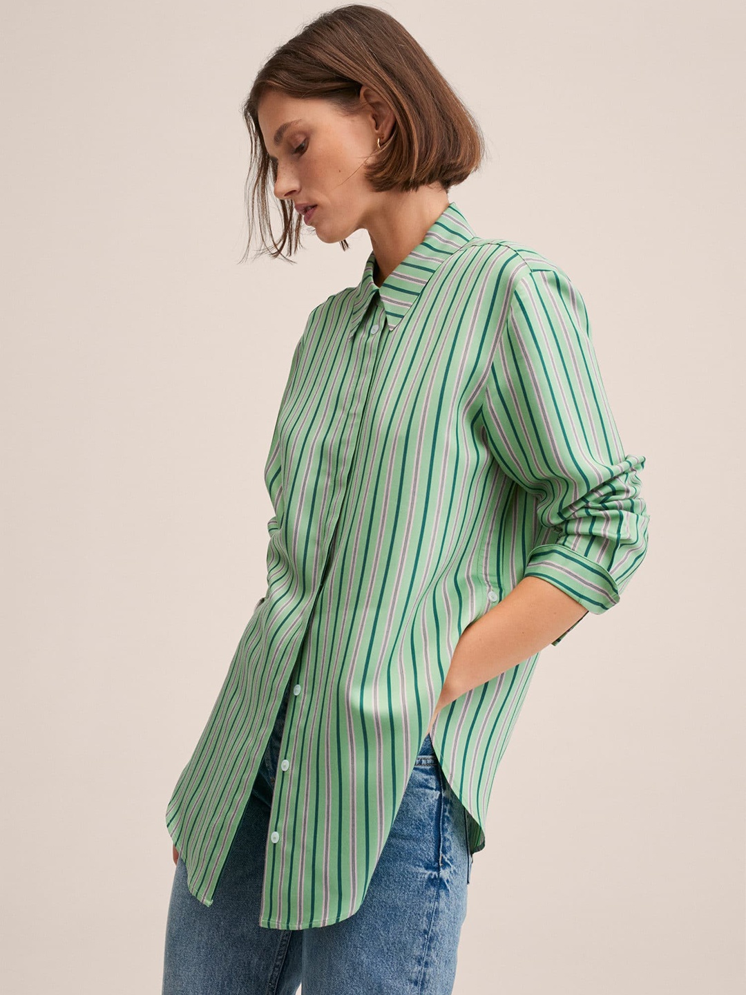 

MANGO Women Green & Pink Striped Longline Buttoned Casual Shirt