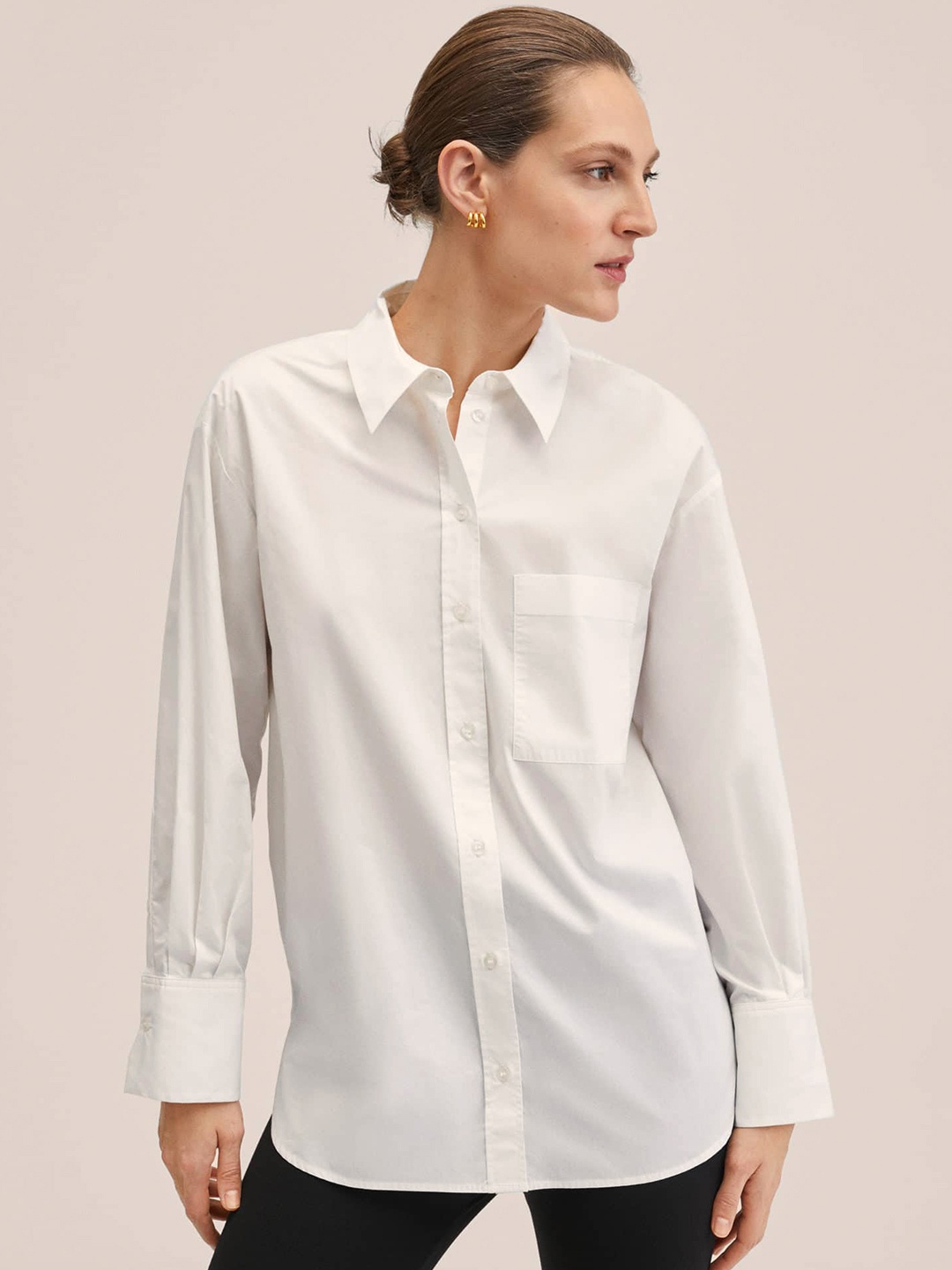 MANGO Women White Solid Oversized Pure Cotton Casual Shirt