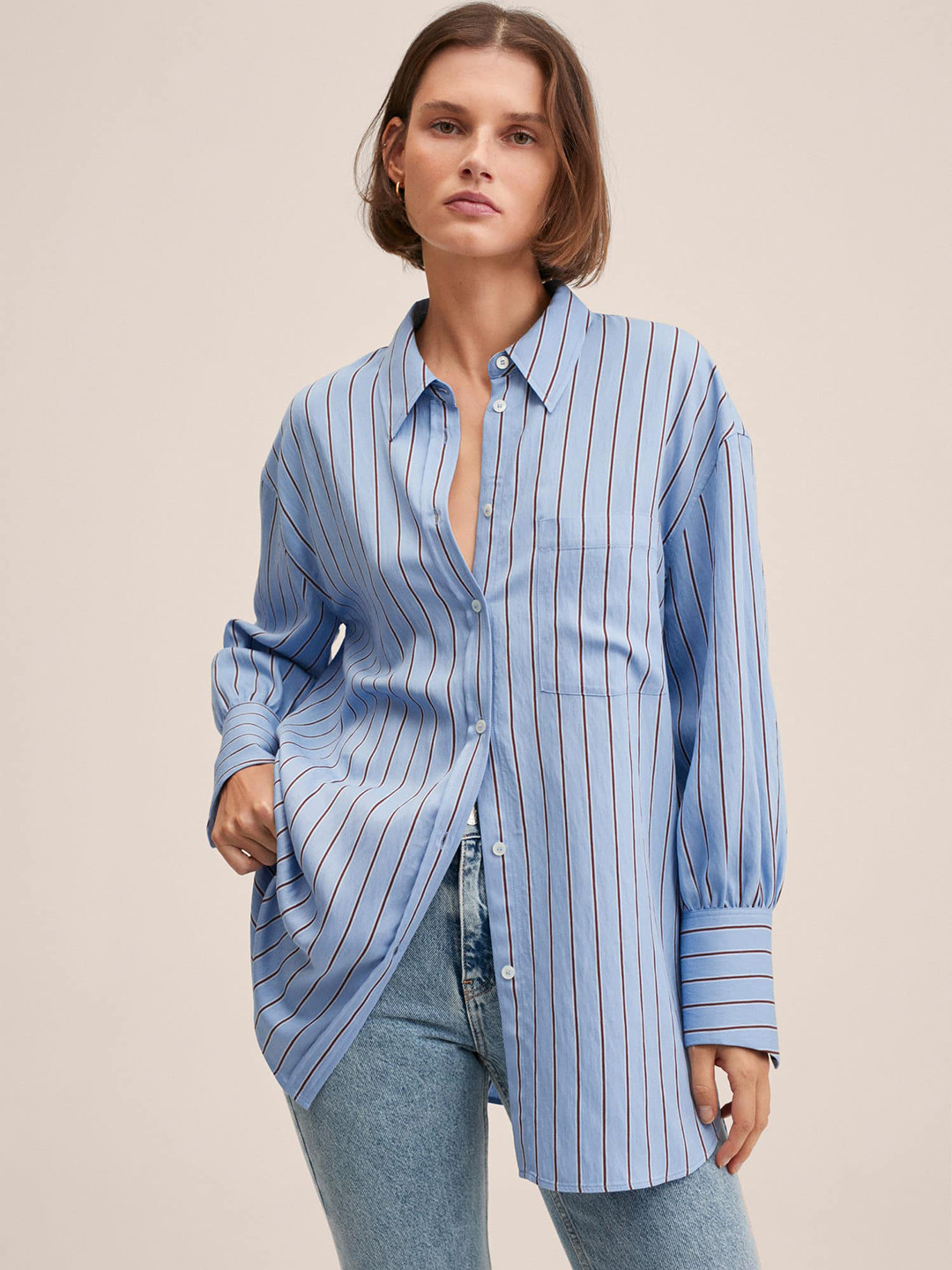 

MANGO Women Blue & Brown Striped Longline Buttoned Oversized Casual Shirt