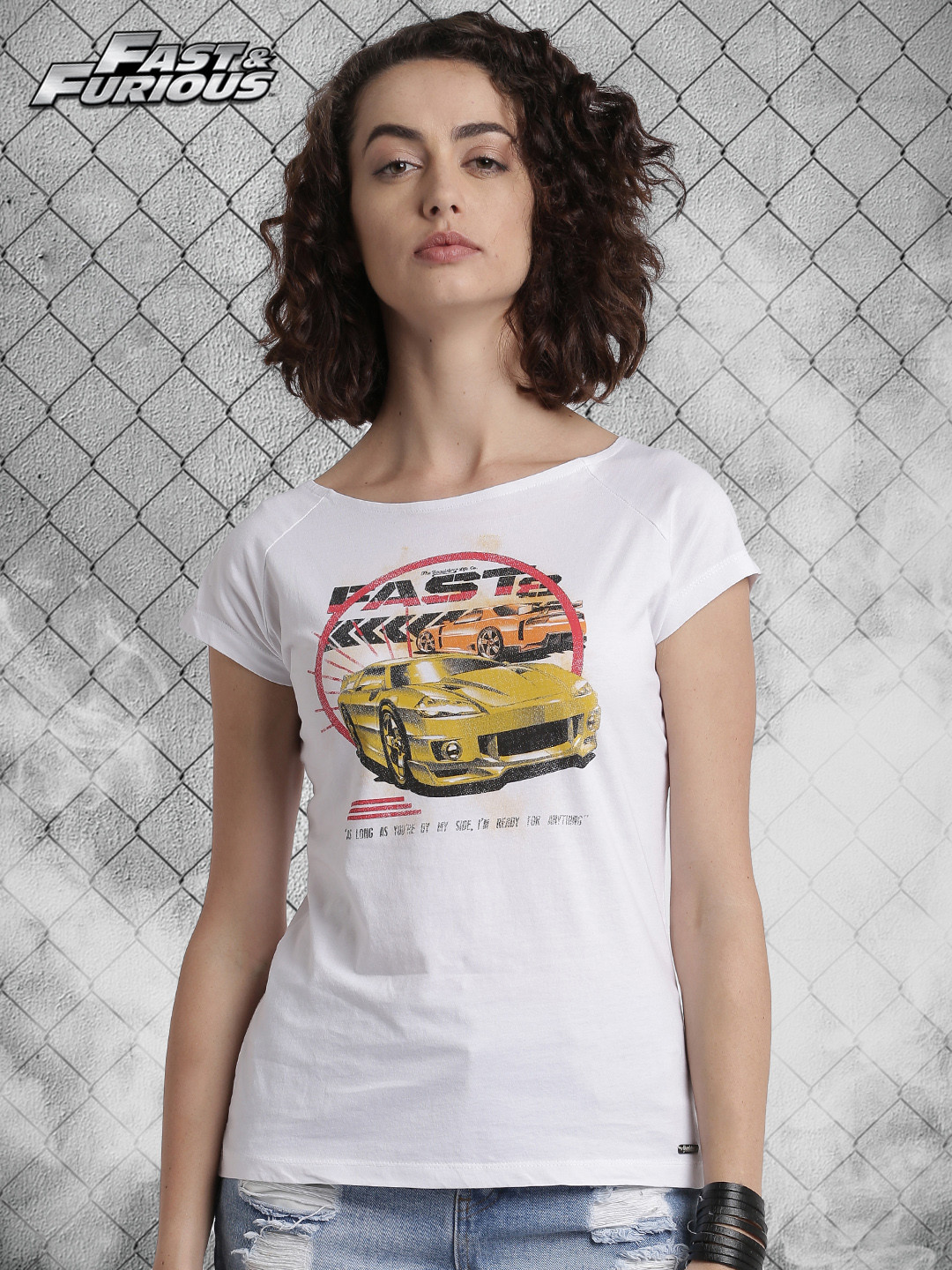 

Roadster Fast and Furious Women White Printed Boat Neck Pure Cotton T-shirt