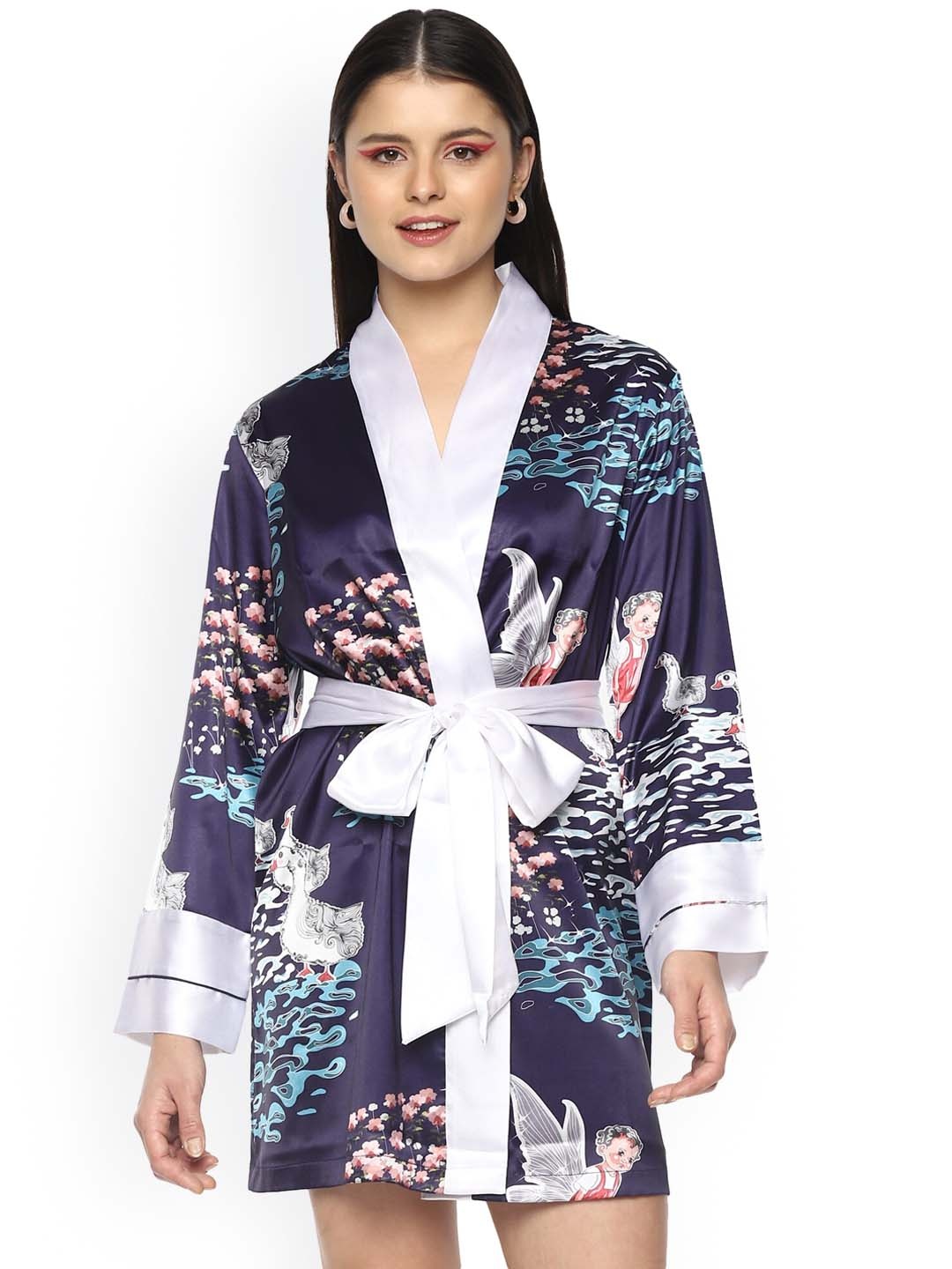 

NOCHEE VIDA Women Navy Blue & White Printed Robe
