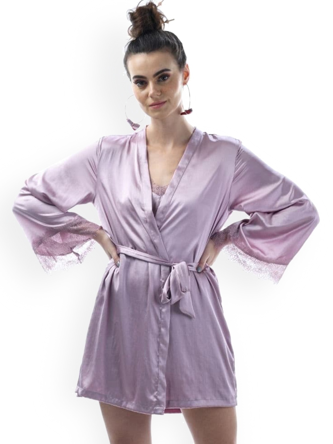 

NOCHEE VIDA Women Purple Solid Satin Robe With Belt