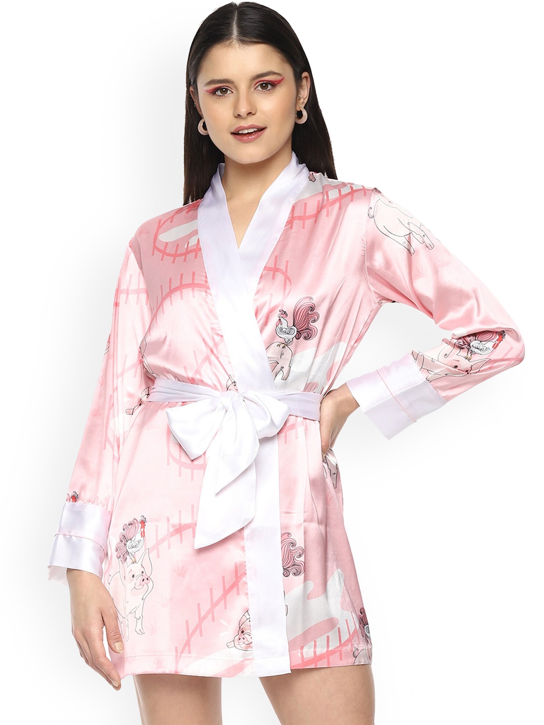 

NOCHEE VIDA Women Pink & White Printed Mini Robe