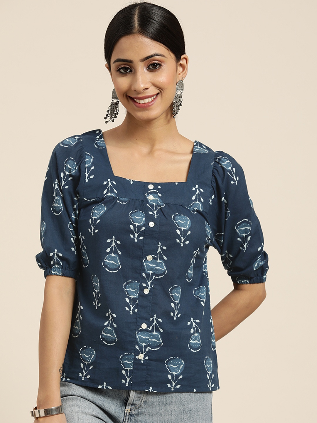 

Sangria Women Navy Blue & White Pure Cotton Ethnic Motifs Print Top