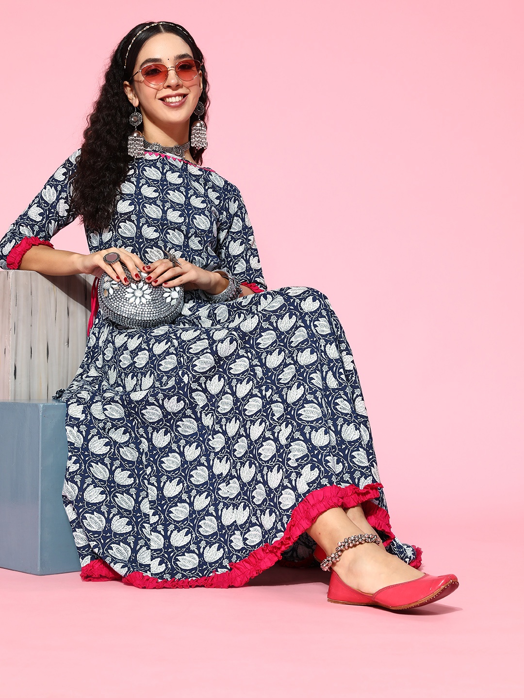 

mokshi Women Stunning Blue Floral Print Parade Dress